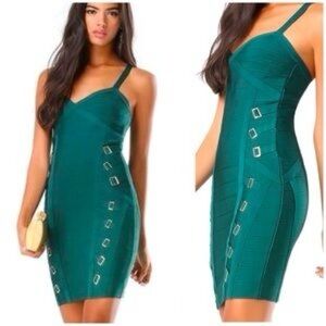 Bebe Green V-neck Bodycon Dress Adjustable Gold Accents Vintage